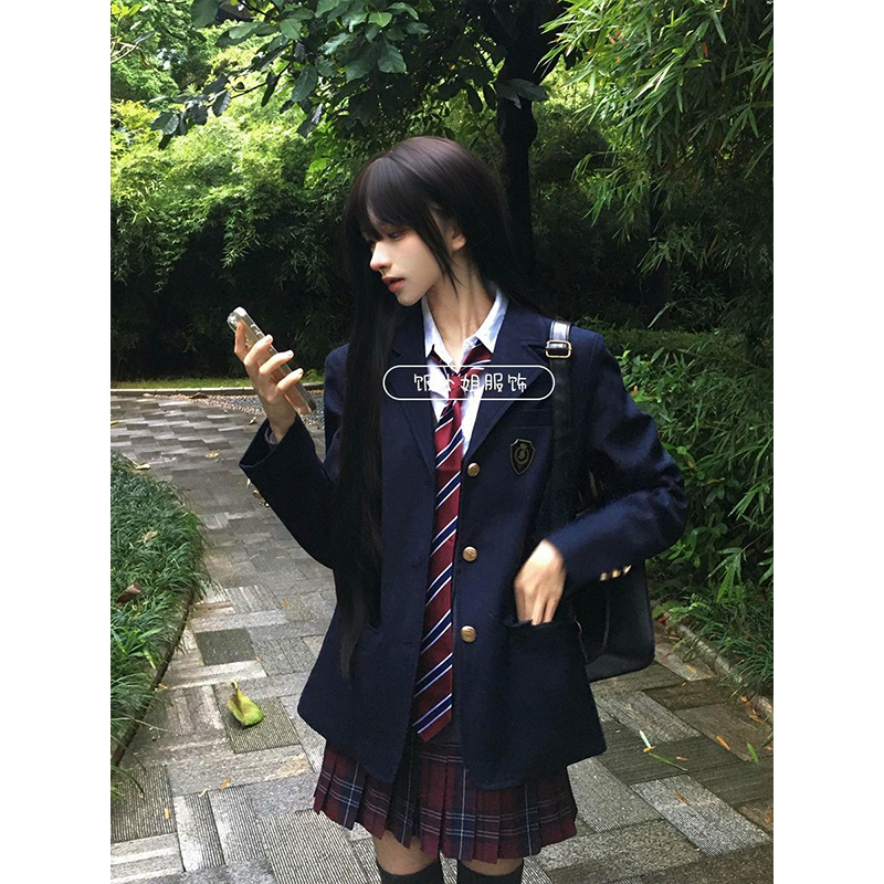 原创制服绀色西装外套校供感叠穿衬衫上衣百搭玄JK裙秋冬一整套装