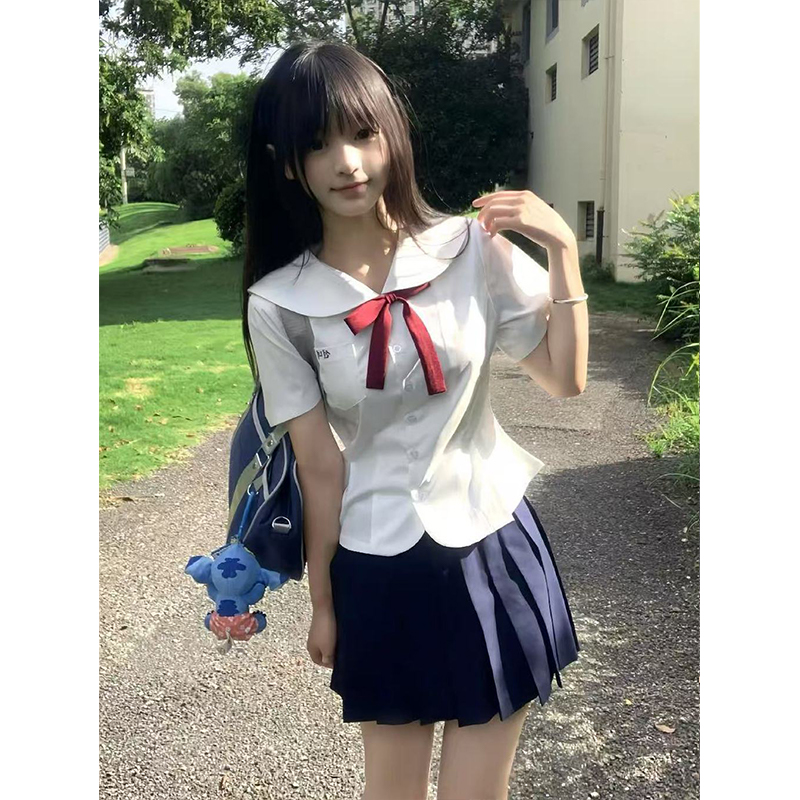 原创JK制服套装娃娃领收腰短袖衬衫夏季花瓣上衣日系学院风JK短裙