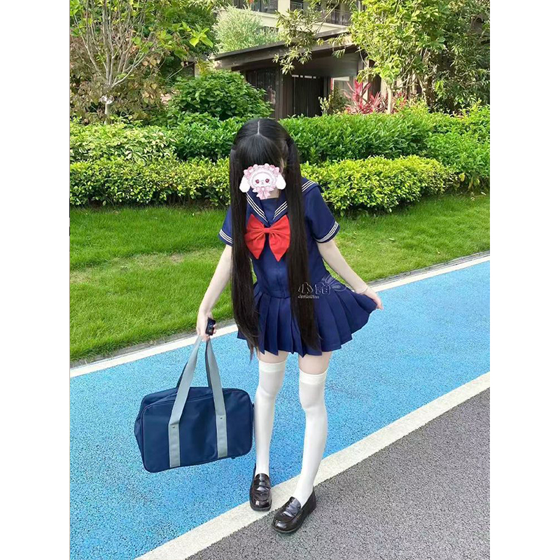 百搭绀黑色短袖中间服小众原创校供感基础款海军领日系水手服套装