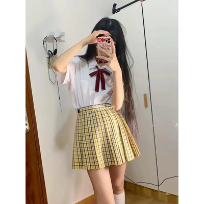 基础款白衬衫女纯色百搭显瘦上衣jk原创小杏中格子裙短裙学院风夏