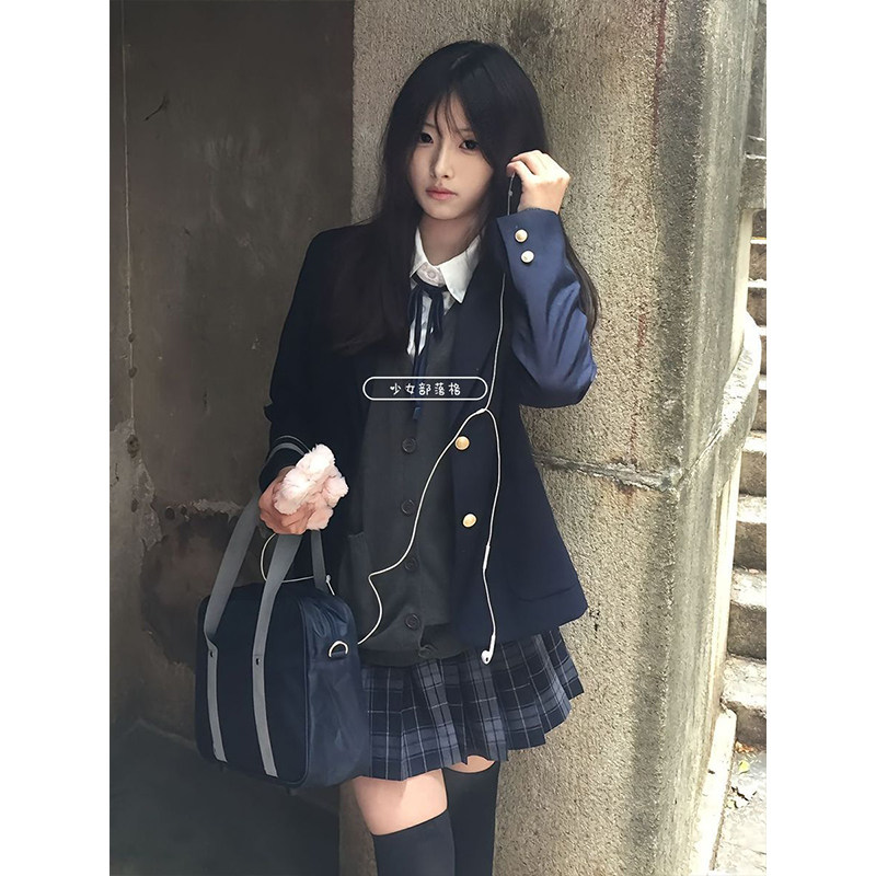 JK制服原创绀色西装外套学院风穿搭校供感叠穿针织衫开衫百搭JK裙