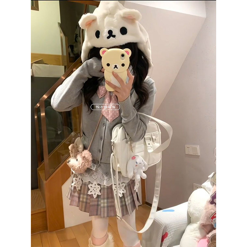 JK制服原创秋冬季浅灰针织开衫外套百搭基础衬衫叠穿粉格裙套装女