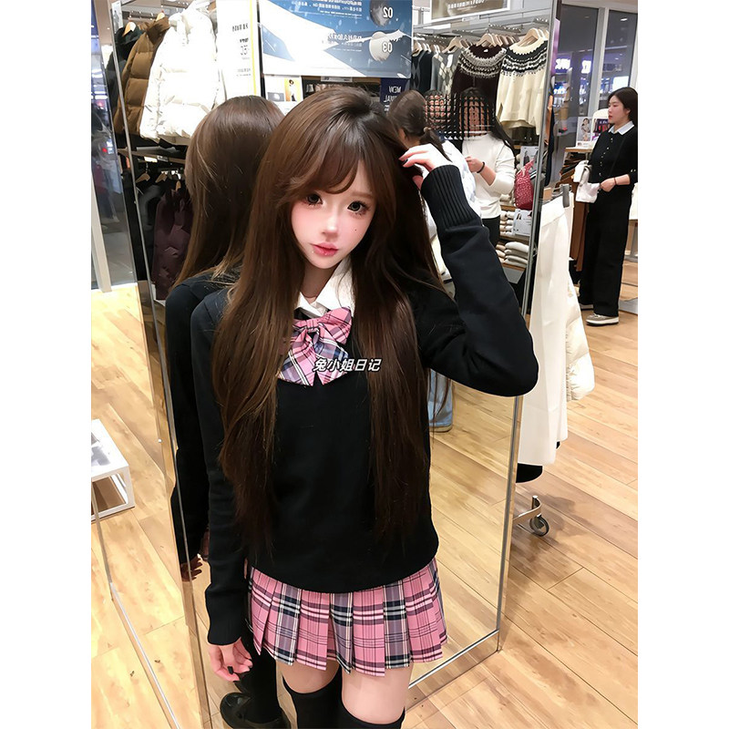 JK制服秋冬款针织黑色套头毛衣叠穿基础款长袖衬衫百搭短裙一整套