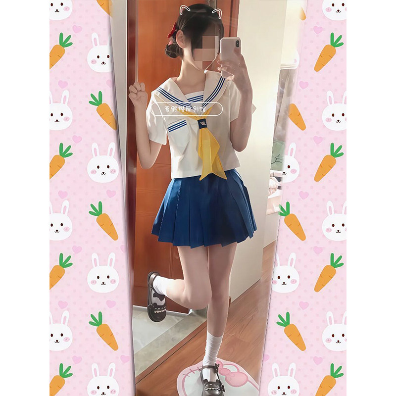 jk制服学院风穿搭海军领白领蓝三本水手服甜美小清新原创一整套装
