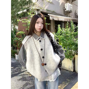 马甲背心女 叠穿杏色针织开衫 秋季 两件套韩系复古蕾丝花边格纹衬衫