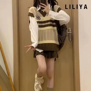日系学院风针织毛衣背心女秋季 两件套上衣 新款 慵懒风叠穿马甲衬衫