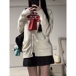 JK制服原创白色针织开衫外套基础款叠穿长袖衬衫百搭黑短裙套装