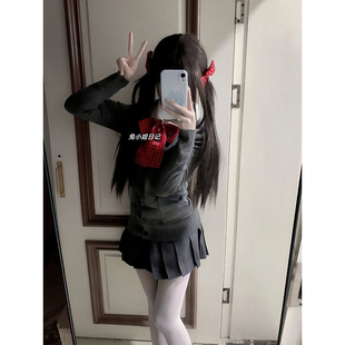 毛衣原创三本中间水手服叠穿百褶裙套装 日系JK制服秋冬款 深灰开衫