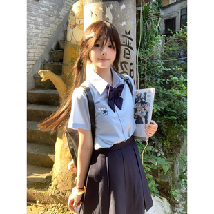 樱花刺绣小众校供感穿搭绀Jk短裙一整套 夏季 款 学院风蓝色短袖 衬衫