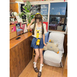 学院风JK制服穿搭白领蓝三本基础水手服上衣搭配蓝色百褶裙套装