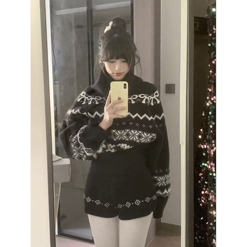 韩系轻亚复古费尔岛提花高领黑色毛衣女秋冬爆款针织短裤两件套装,女装/女士精品,时尚套装,淘宝优惠券,粉丝福利购,淘宝优惠卷
