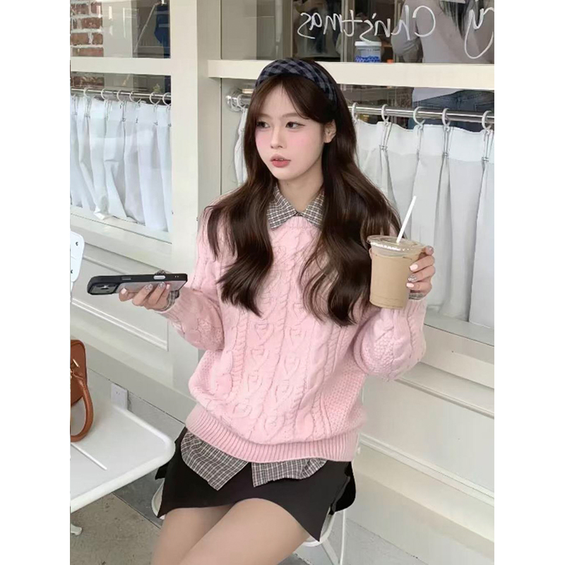 韩系圆领粉色麻花百搭毛衣女秋冬季宽松慵懒风高级感穿搭针织上衣