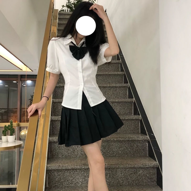 JK制服辣妹收腰泡泡袖衬衫女日系学院风百搭短袖学生白色衬衣上衣