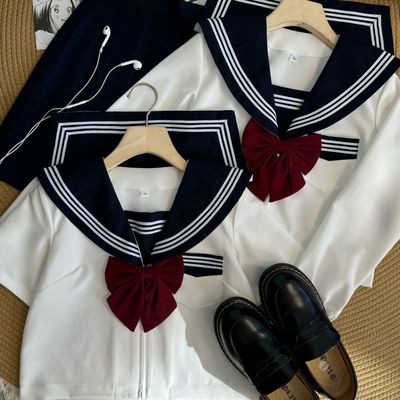 2025夏季新款水手服黑领白长短袖衬衫上衣百搭黑色JK裙学院校供感