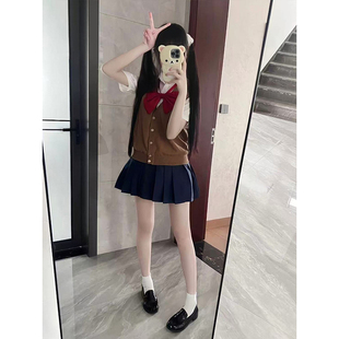 原创套装JK制服针织衫开衫马甲内搭短袖宽松女百搭绀色JK裙夏新款