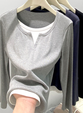 2025秋季新款假两件设计感长袖T恤女外穿显瘦内搭上衣圆领打底衫