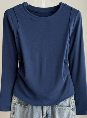 2025春秋新款圆领螺纹打底衫女内搭褶皱收腰显瘦长袖T恤纯色上衣