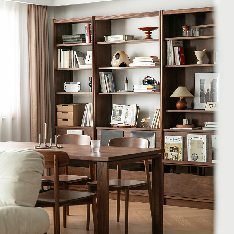 崇匠家具北美黑胡桃木书柜客厅整墙组合柜北欧简约实木落地书架橱