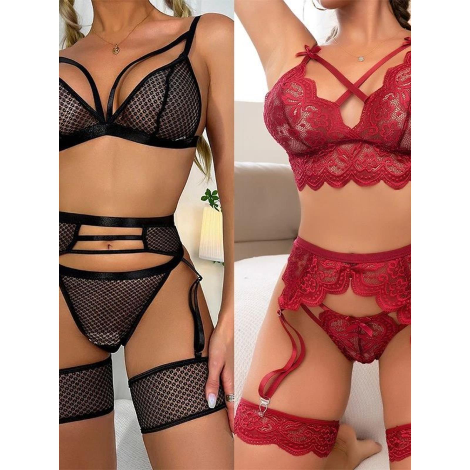 Sexy transparent split lace lingerie set透明分体蕾丝内衣套装