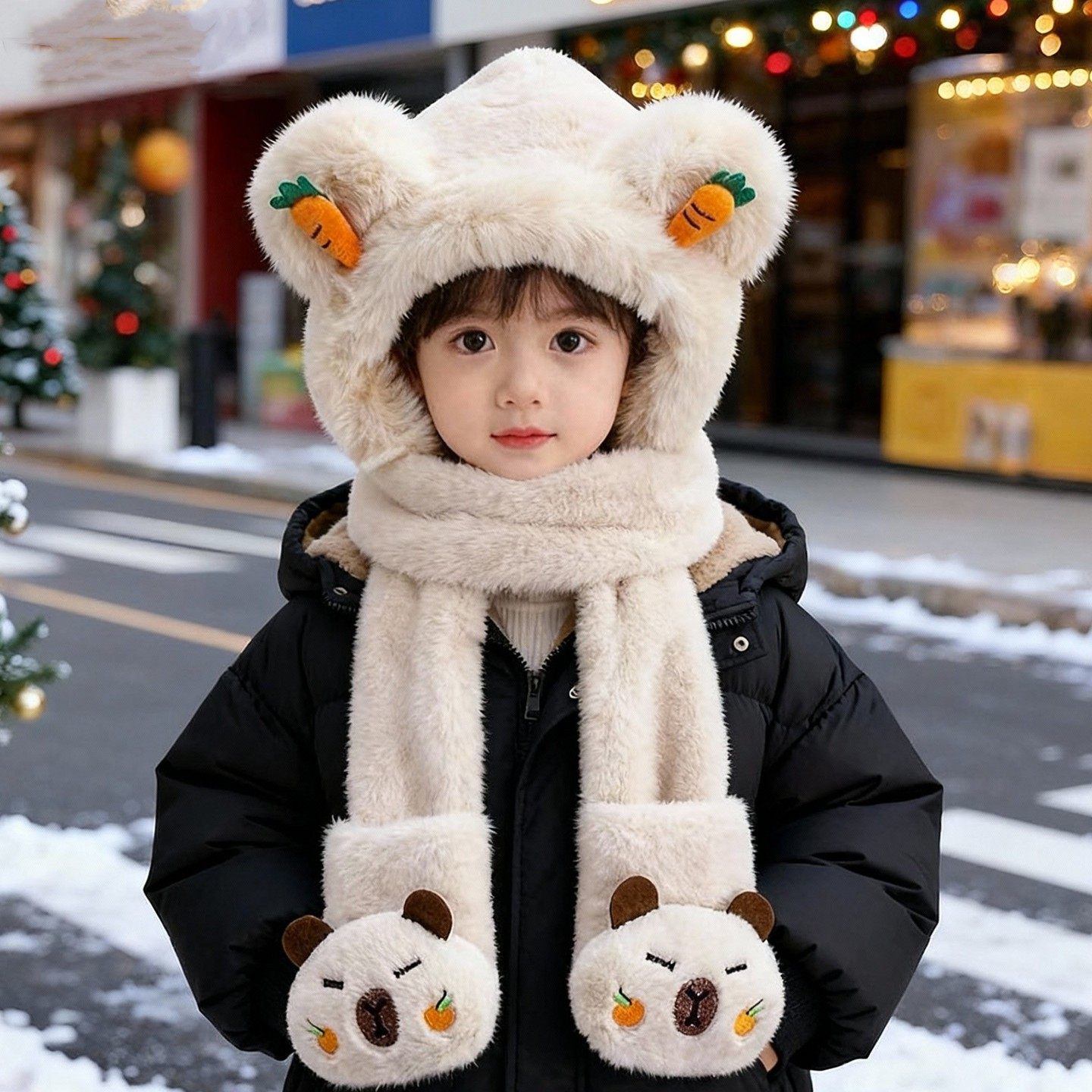 儿童帽子冬季加厚保暖宝宝毛绒帽女童帽子围巾手套一体男孩护耳帽,童装/婴儿装/亲子装,帽子,淘宝优惠券,粉丝福利购,淘宝优惠卷