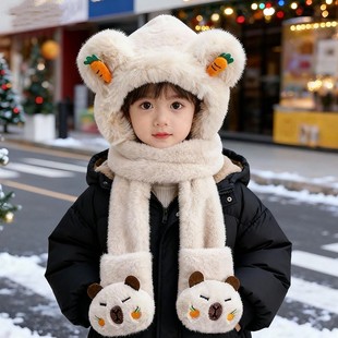 儿童帽子冬季加厚保暖宝宝毛绒帽女童帽子围巾手套一体男孩护耳帽