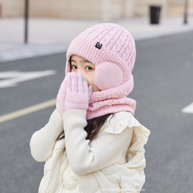 毛线套头手套围脖套装儿童帽子冬