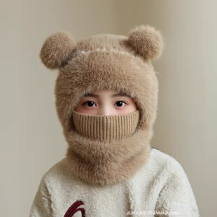 儿童一体帽秋冬季男女童毛绒帽子围脖套装保暖宝宝防风护耳套头帽