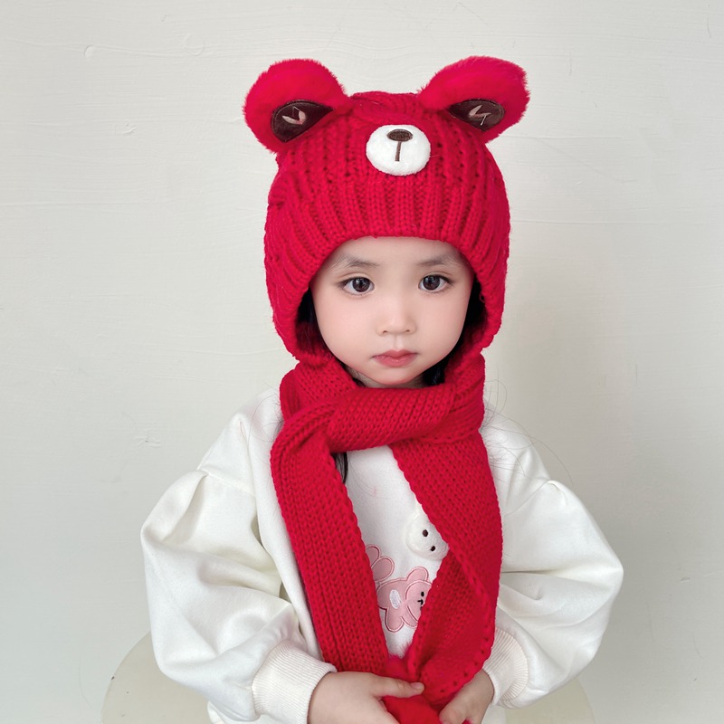 毛线帽护耳可爱小熊儿童一体帽