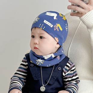 婴儿帽子春秋纯棉透气新生胎帽围脖两件套男女小月龄宝宝秋冬套帽