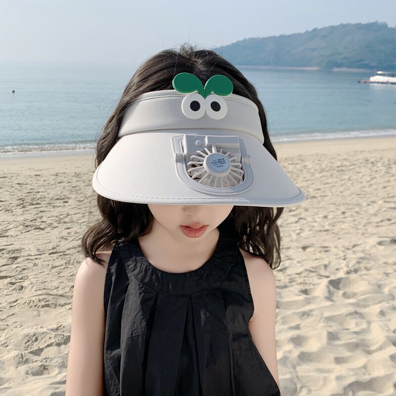 儿童防晒帽带风扇夏季空顶冰丝凉帽超萌男女童宝宝防紫外线遮阳帽