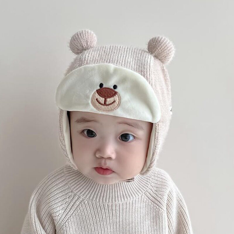 宝宝帽子秋冬季保暖男女童加厚护耳雷锋帽可爱小熊球球婴儿套头帽