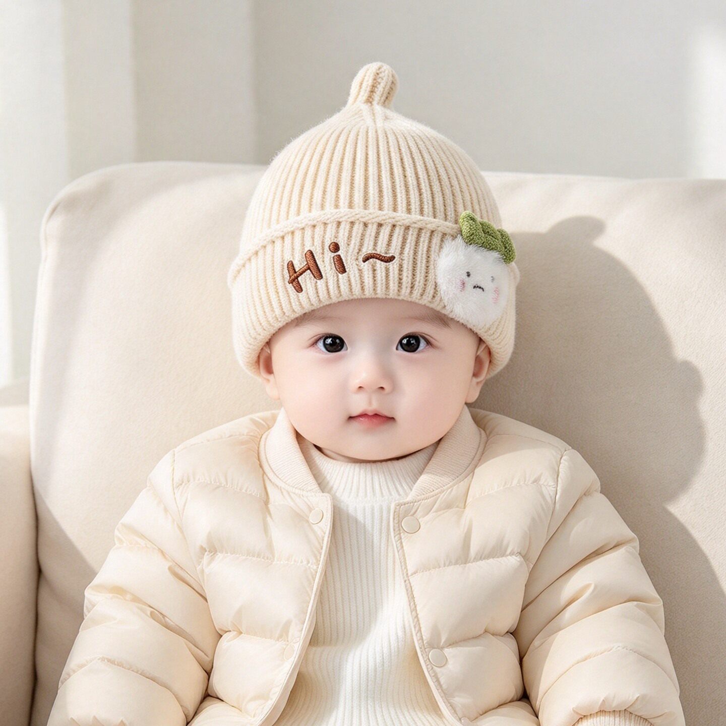 婴幼儿帽子秋冬季毛线帽可爱兔子针织小月龄套头帽男女宝宝奶嘴帽