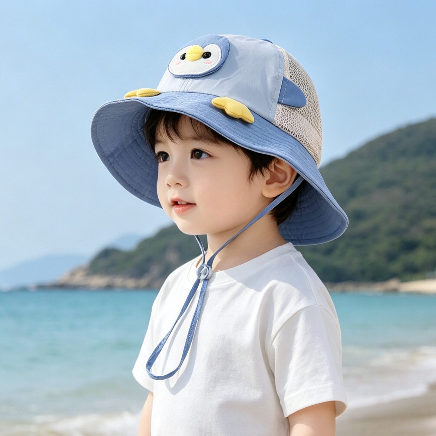 儿童企鹅渔夫帽夏季薄款防晒帽男童遮阳男宝宝透气网格户外登山帽