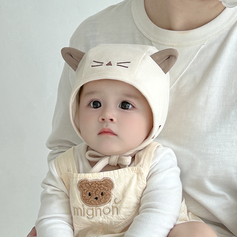 婴幼儿帽子春秋薄款可爱猫咪系带护耳男女宝宝包头胎帽秋冬小月龄