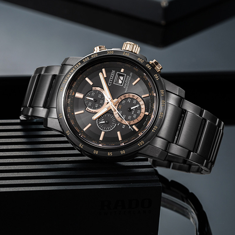 西铁城手表男黑钢光动能多局电波运动防水男士腕表at8127-85f