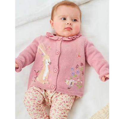 冬款女童粉色毛衣可爱卡通兔子针织保暖刺绣纽扣柔软开衫毛线上衣