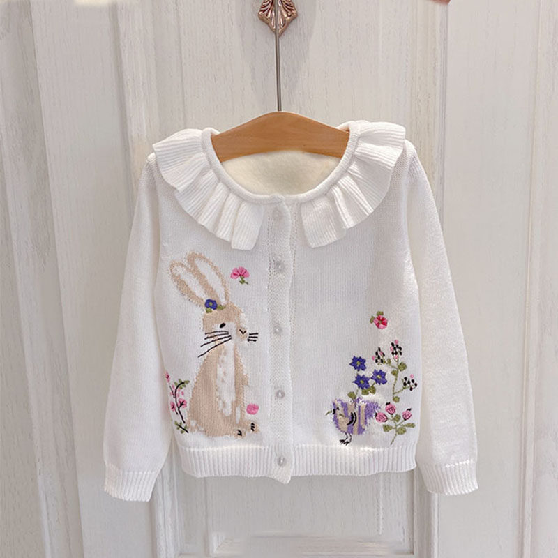 2025女童春秋兔子植物花卉刺绣荷叶娃娃领毛衣针织开衫,童装/婴儿装/亲子装,毛衣/针织衫,淘宝优惠券,粉丝福利购,淘宝优惠卷