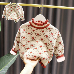韩版 3女婴儿童加厚针织打底衫 5岁女宝宝可爱印花毛衣女童秋冬装