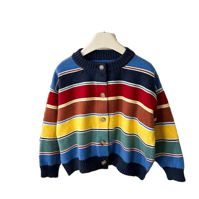 彩虹女童外套男童毛衣2025新款洋气儿童针织开衫小童条纹美拉德
