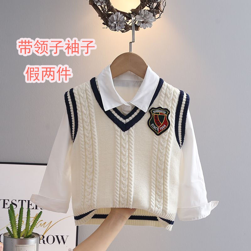 男童儿童针织马甲春季新款毛衣男孩假两件韩系学院风可爱
