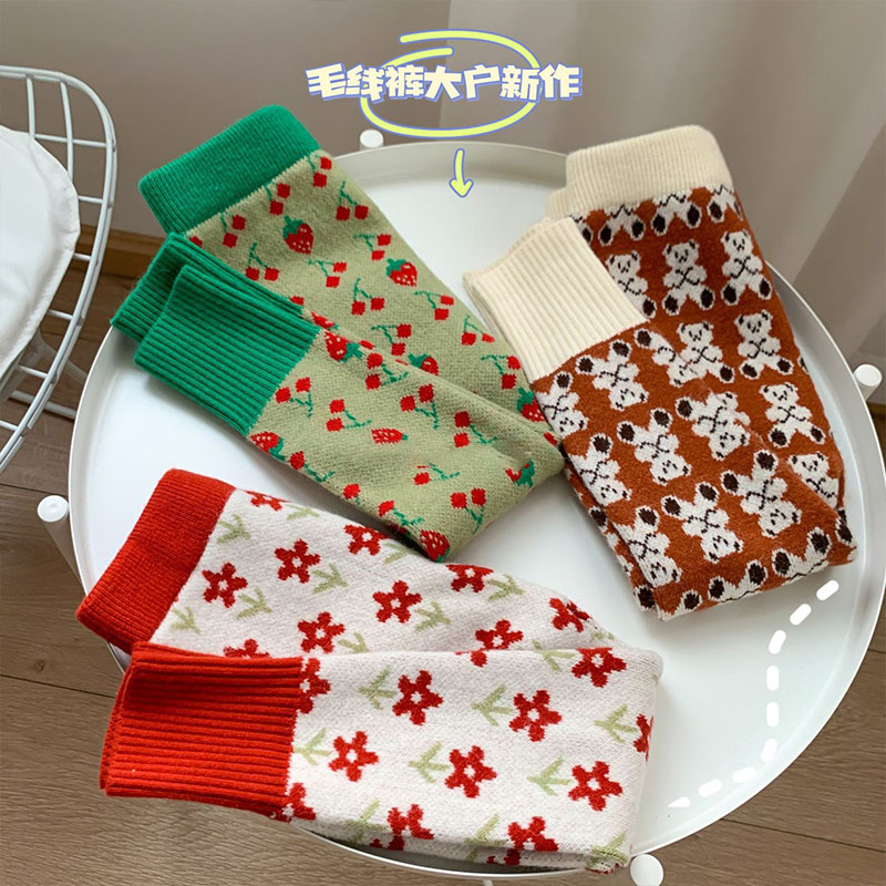 森系童装女童针织加厚打底裤外穿碎花春秋新款大pp洋气儿童毛线裤