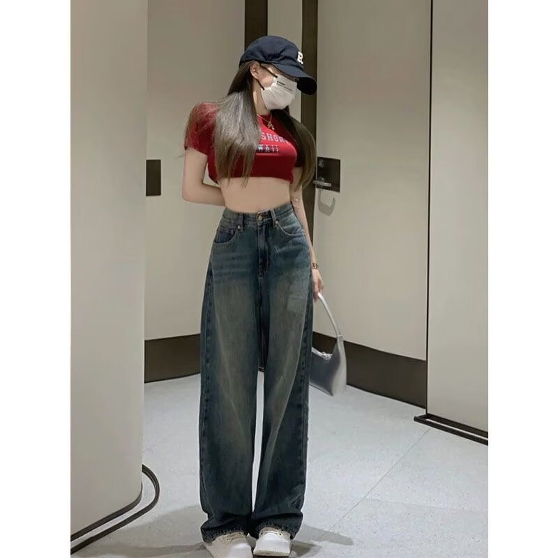 韩版复古高腰牛仔裤女夏季宽松遮胯显瘦阔腿裤直筒拖地裤子ins潮