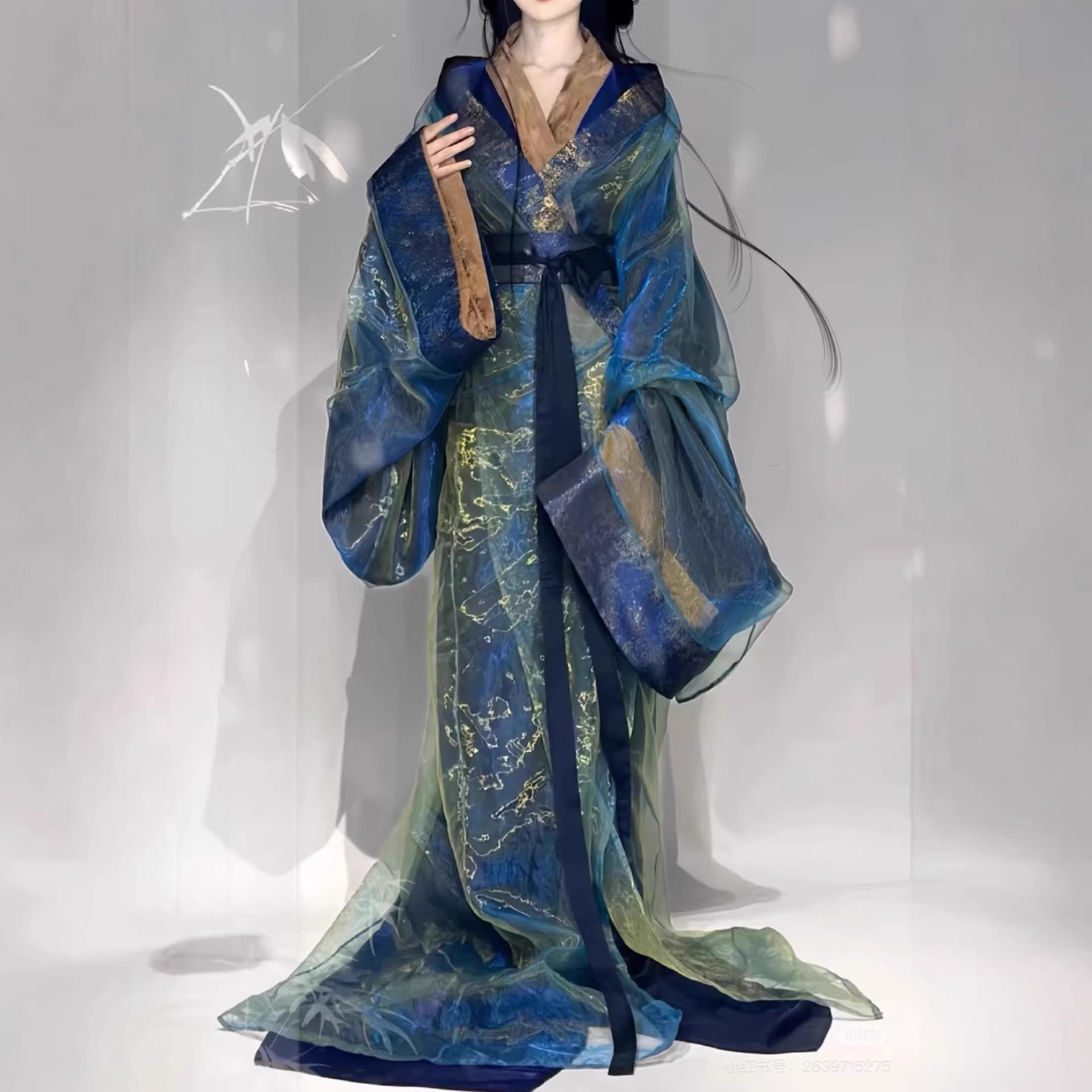 蓝色炫彩织金战国新款绝美汉服古装拖尾直马山复原超大放量