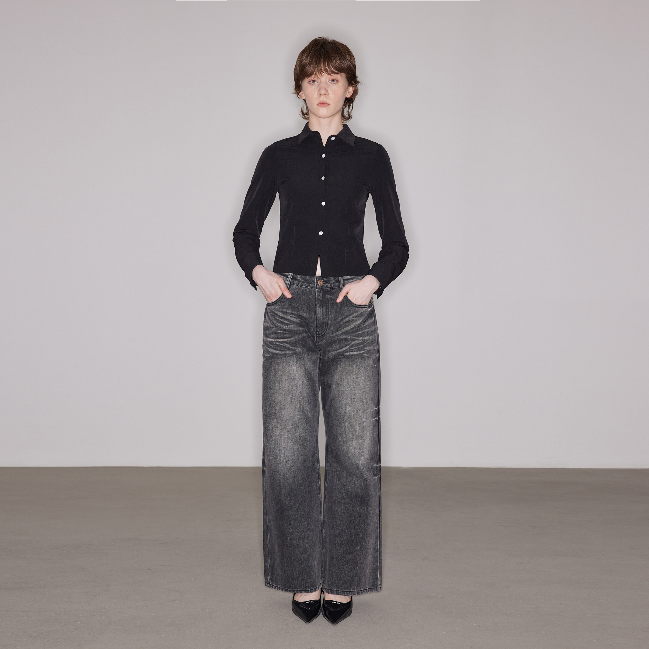 复古立体压褶猫须水洗牛仔裤