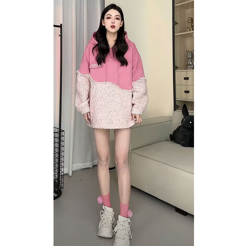 鹿皮绒拼接小香风减龄宽松百搭卫