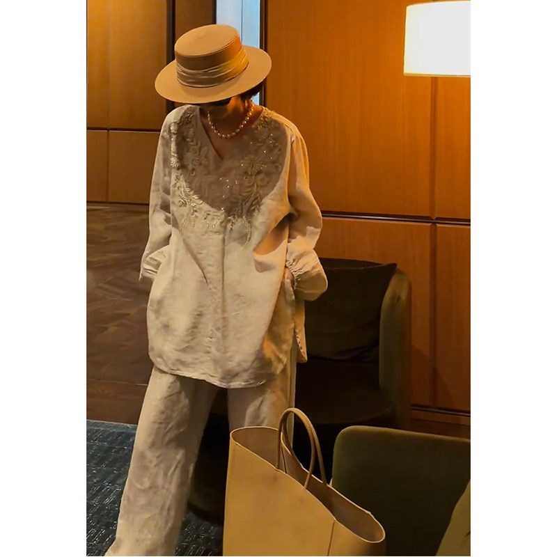 欧洲站2026夏季新款时尚百搭阔版型纯色长袖套头上衣高腰长裤套装