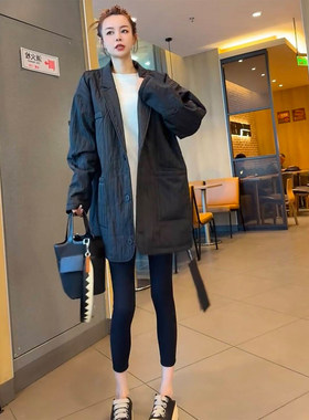 气质百搭宽松中长款翻领棉服女