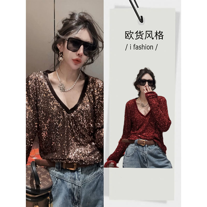 气质亮闪闪深V领长袖T恤