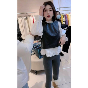 新款 圆领皮马甲套装 时髦洋气质感高级法式 衬衫 长袖 欧洲站2026春季