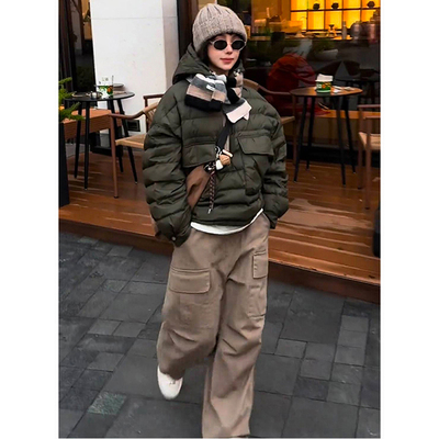 半拉链设计连帽套头潮流羽绒服